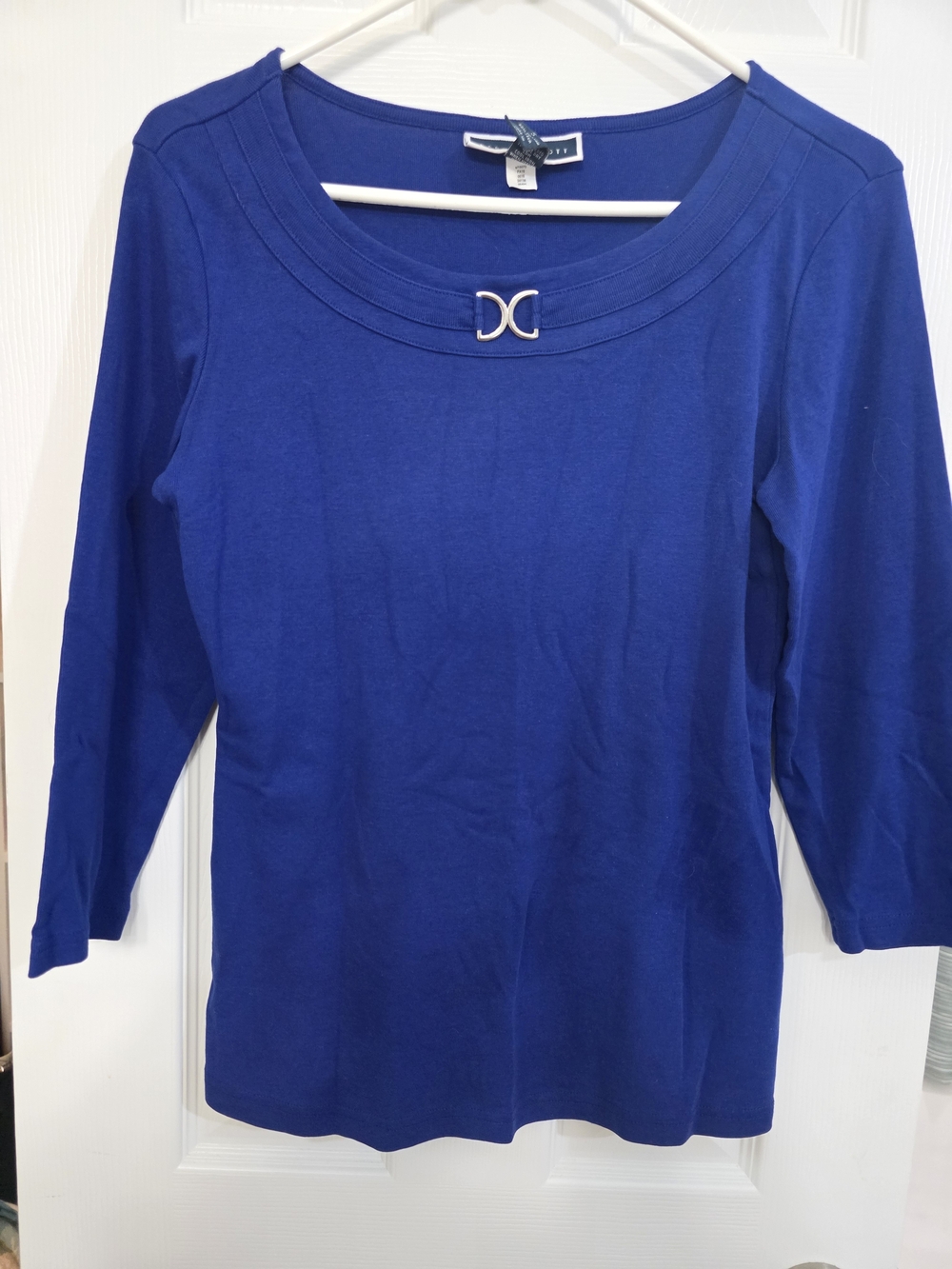 Karen Scott Cobalt Blue Long Sleeve Scoop Neck Top with Silver Accent
